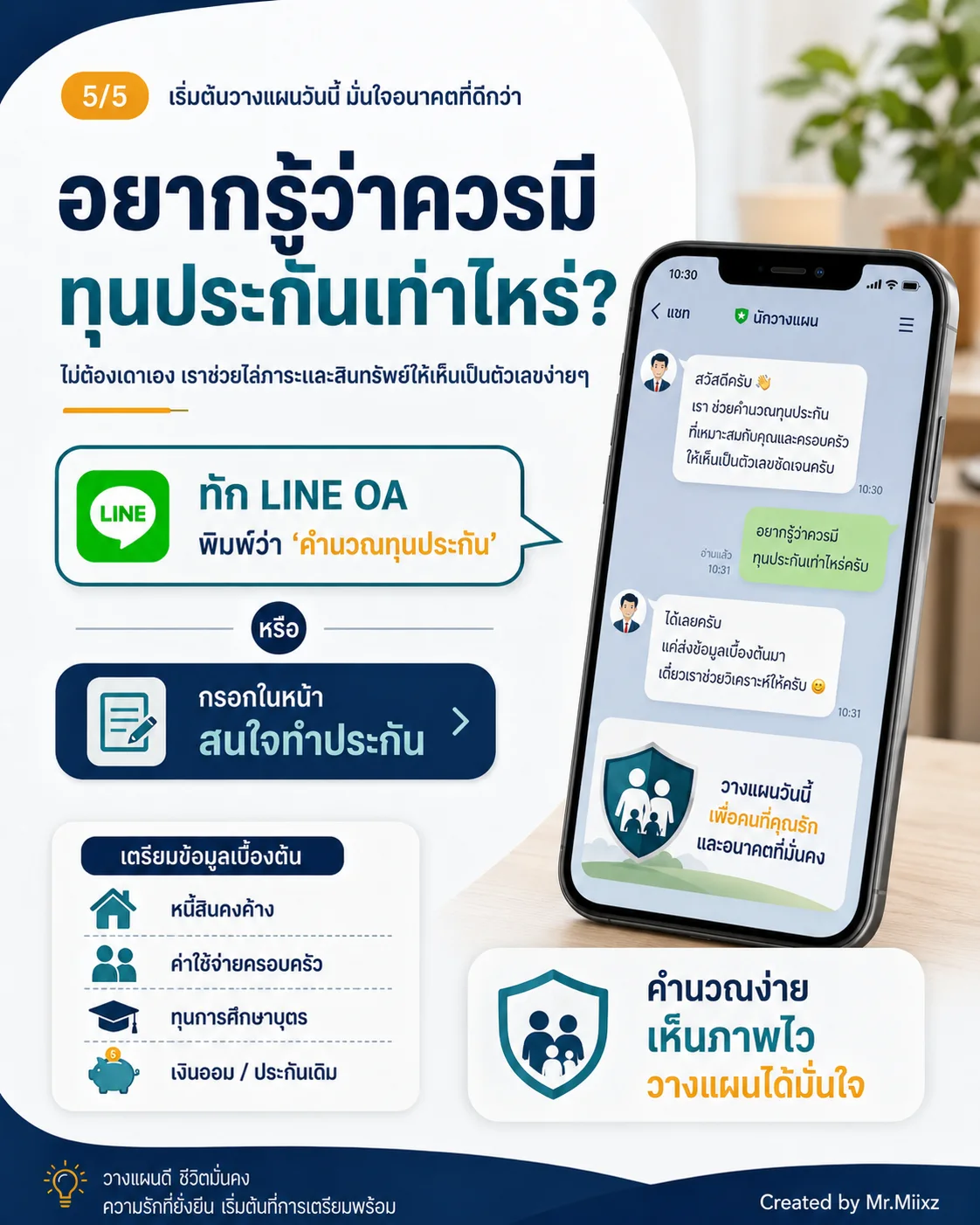 ทัก LINE OA หรือกรอกข้อมูลเพื่อช่วยคำนวณทุนประกัน