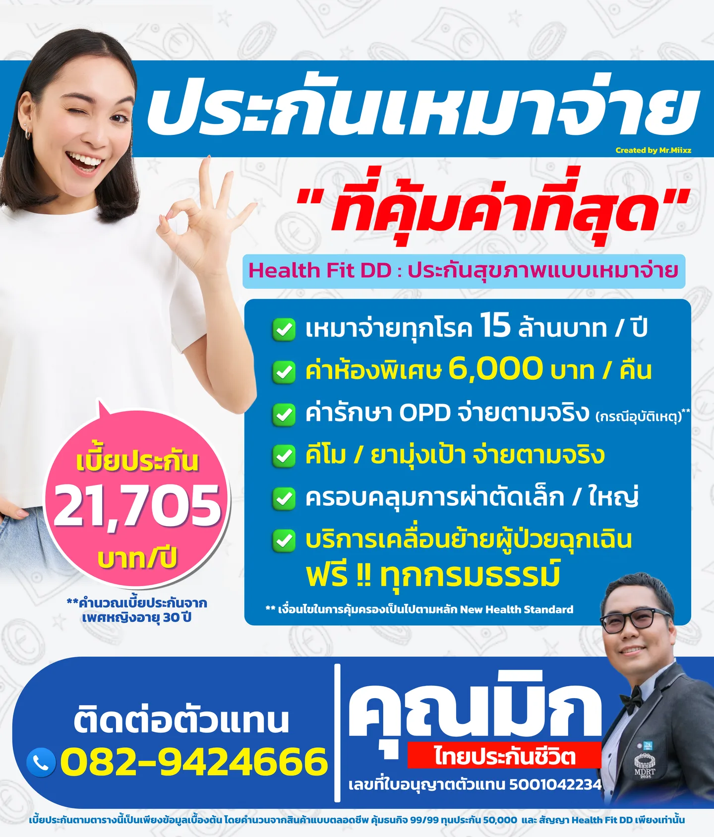 ตัวอย่างประกันสุขภาพเหมาจ่าย Health Fit DD สำหรับผู้หญิงอายุ 30 ปี
