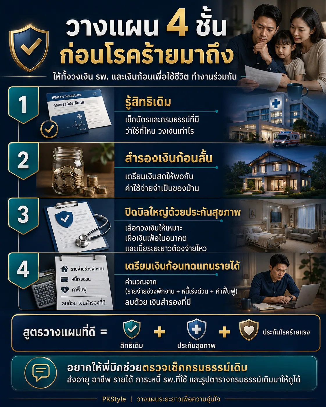 อินโฟกราฟิกแผนรับมือโรคร้าย 4 ชั้น ตั้งแต่ตรวจสิทธิ เงินสำรอง ประกันสุขภาพ และเงินก้อนทดแทนรายได้