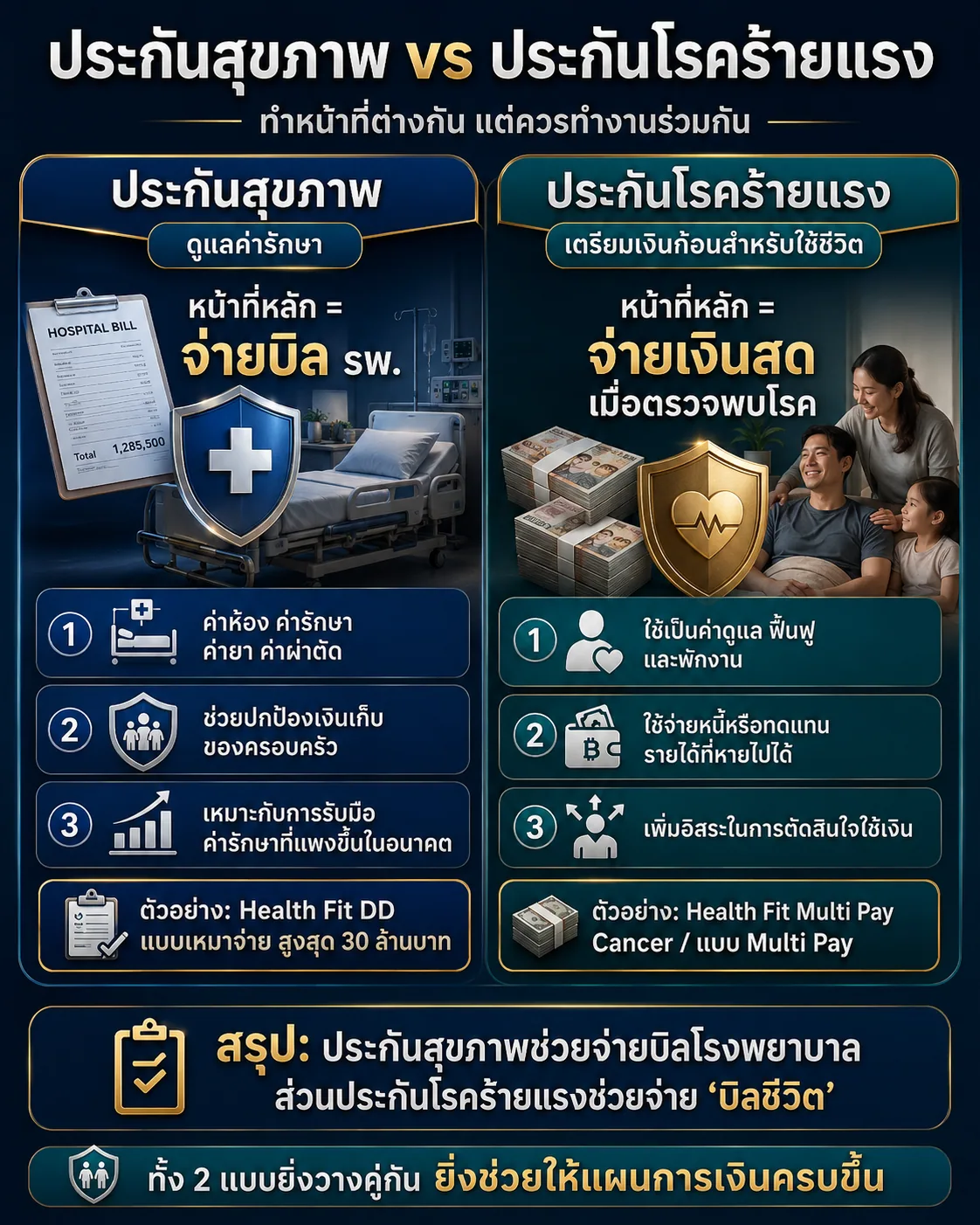 อินโฟกราฟิกเปรียบเทียบประกันสุขภาพที่ช่วยจ่ายบิลโรงพยาบาลกับประกันโรคร้ายแรงที่จ่ายเงินก้อนสำหรับใช้ชีวิต
