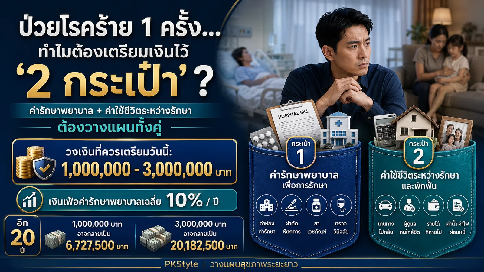 อินโฟกราฟิกอธิบายเงินสองกระเป๋าที่ต้องเตรียมเมื่อป่วยโรคร้าย ทั้งค่ารักษาพยาบาลและค่าใช้ชีวิตระหว่างพักฟื้น