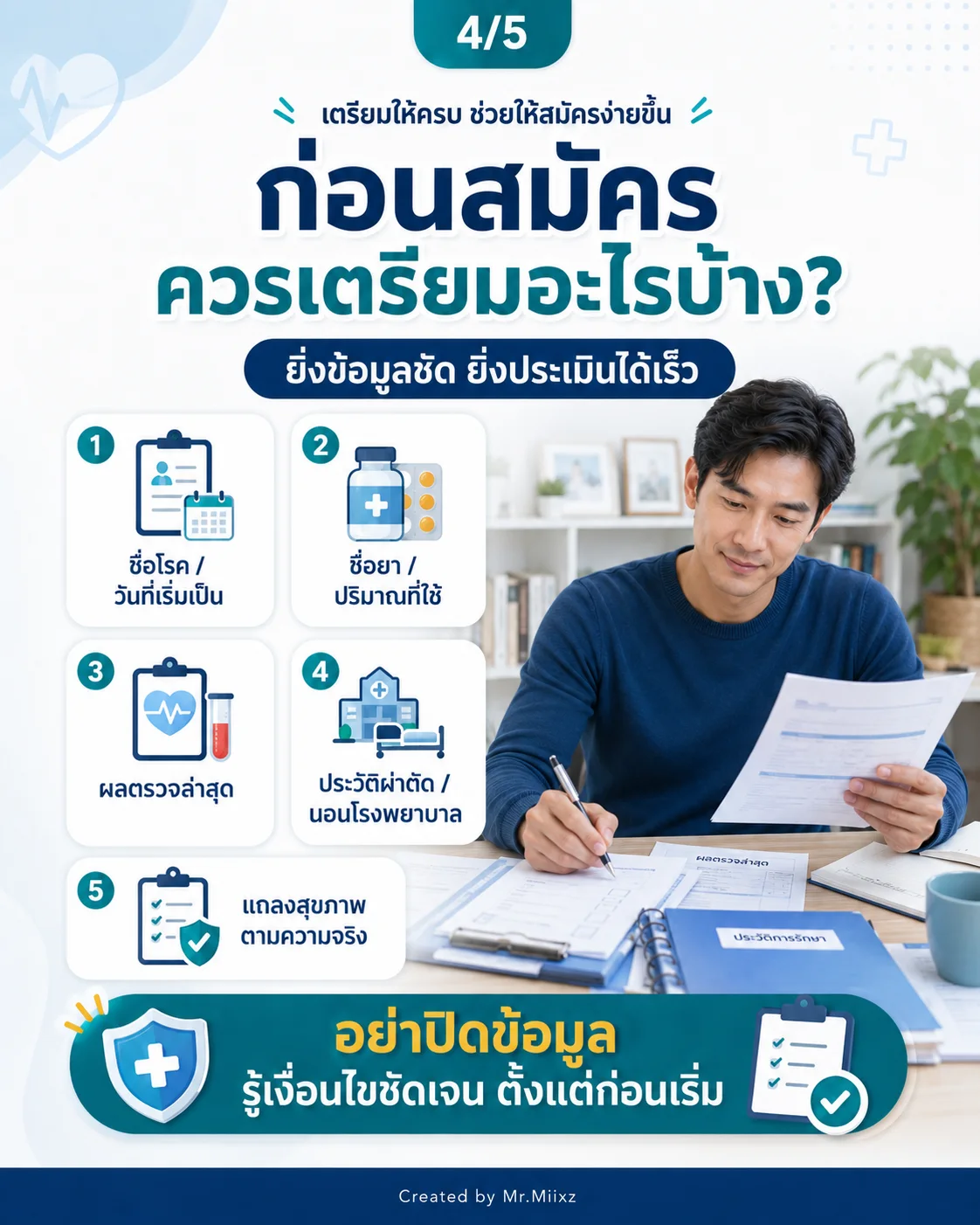 ก่อนสมัครประกันสุขภาพควรเตรียมชื่อโรค ยาที่ใช้ ผลตรวจ และประวัติรักษา