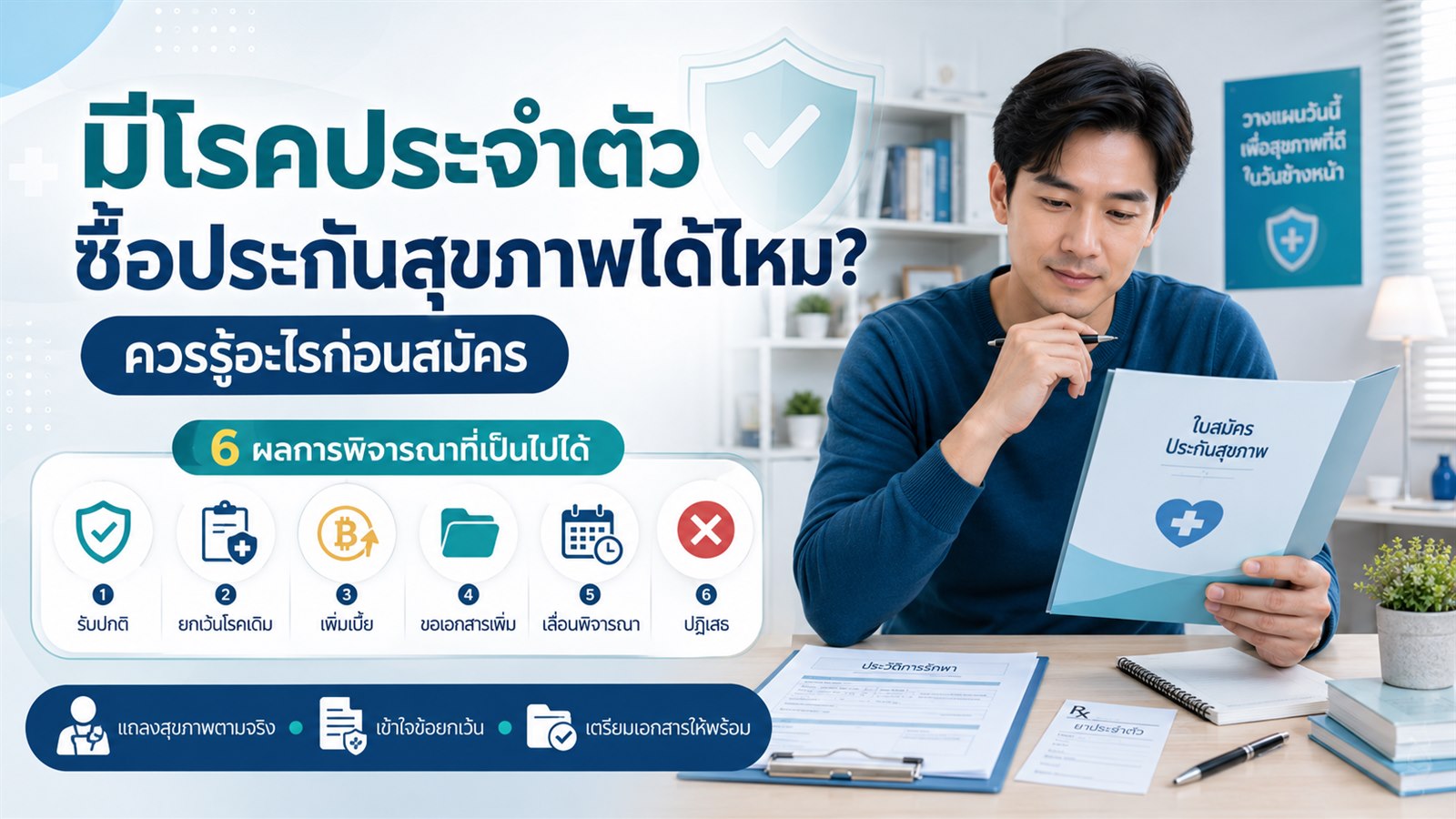 กราฟิกมีโรคประจำตัวซื้อประกันสุขภาพได้ไหม พร้อมเช็กลิสต์ก่อนสมัคร