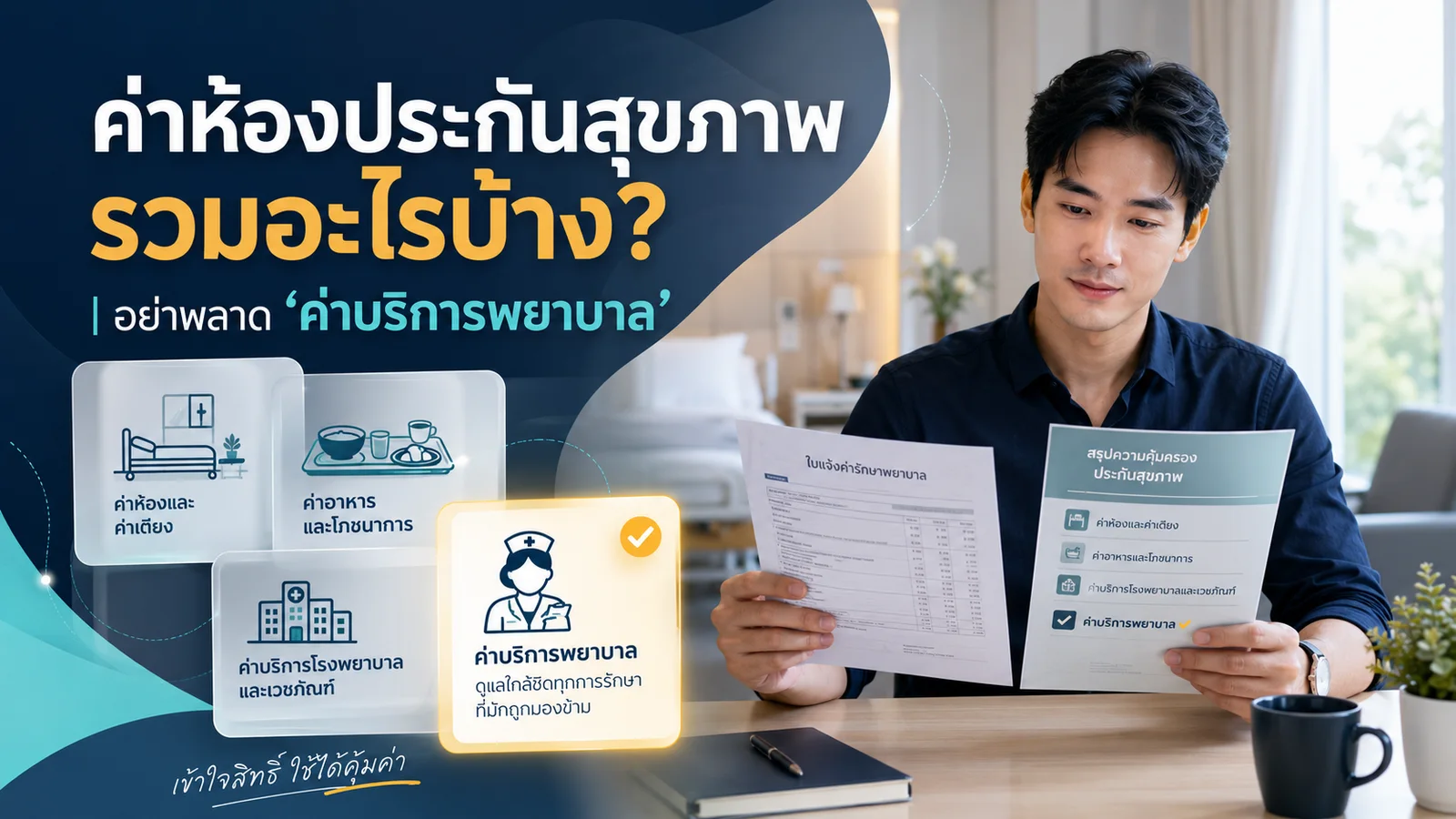 อินโฟกราฟิกอธิบายค่าห้องประกันสุขภาพ ค่าอาหาร ค่าบริการโรงพยาบาล และค่าบริการพยาบาล