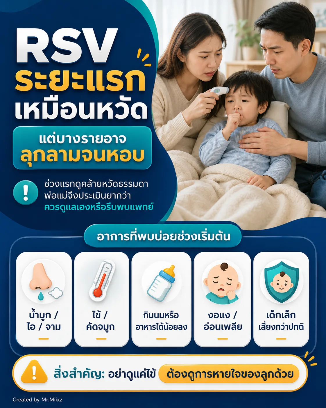 RSV ระยะแรกอาจเหมือนหวัด แต่บางรายอาจลุกลามจนหอบ ต้องดูการหายใจของลูกด้วย