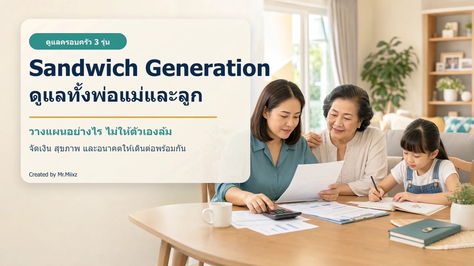 หญิงวัยทำงานชาวไทยกำลังวางแผนค่าใช้จ่ายร่วมกับคุณแม่สูงวัยและลูกสาวที่โต๊ะในบ้าน
